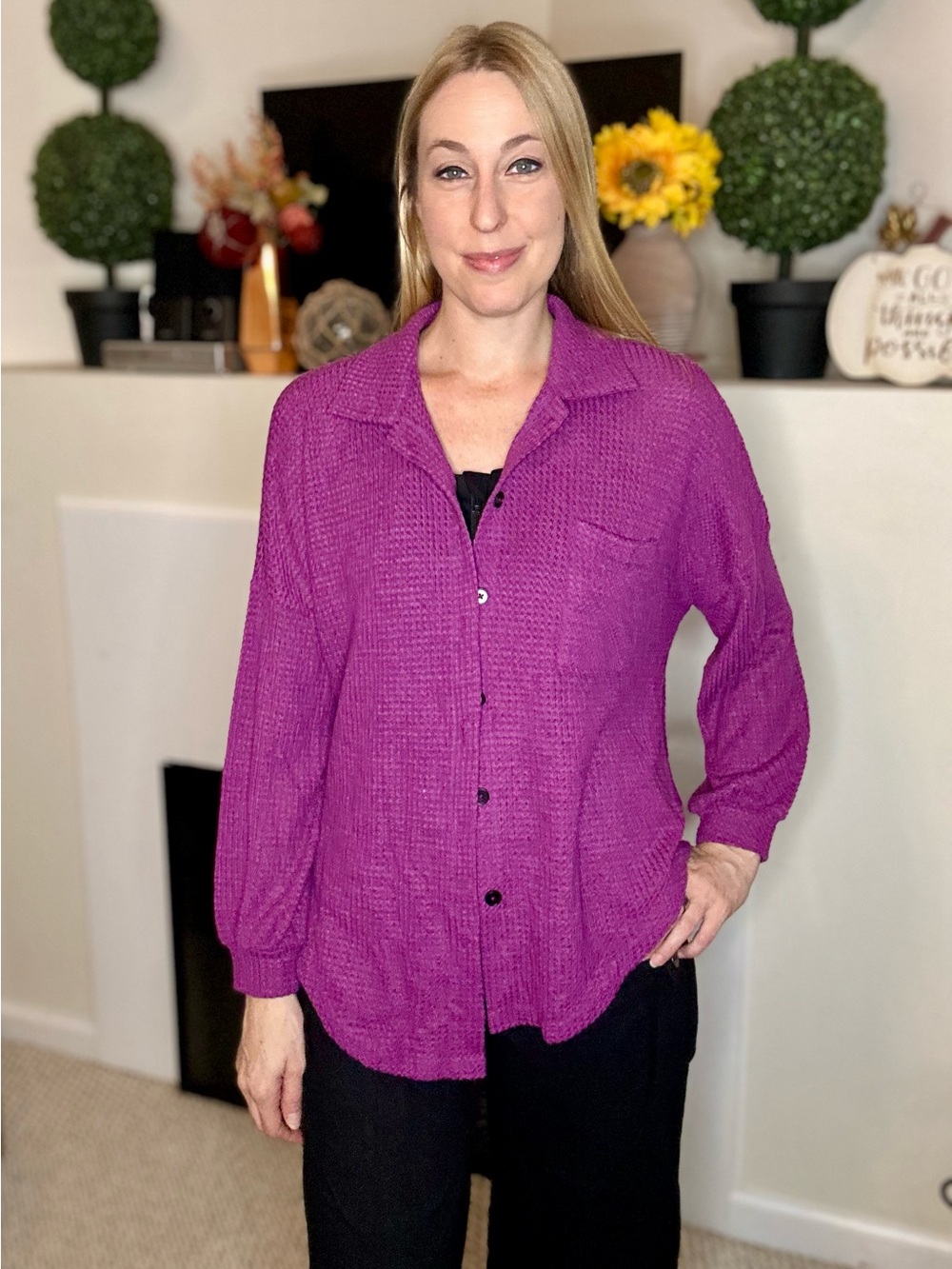 New Amazon Women's Magenta Button-Front Lightweight Shirt Jacket